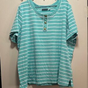 D & Co Denim & Co. Women's 2X Teal White Stripe Henley Top Plus Size Casual